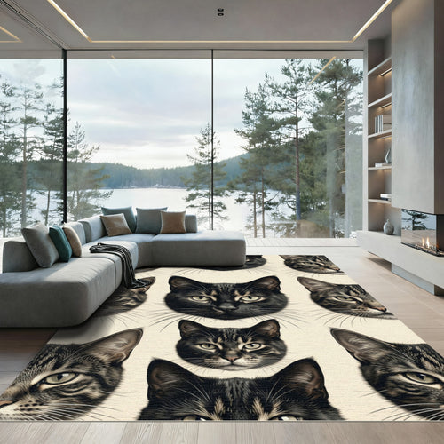 Black Cat Portrait Grid Illustration Rug