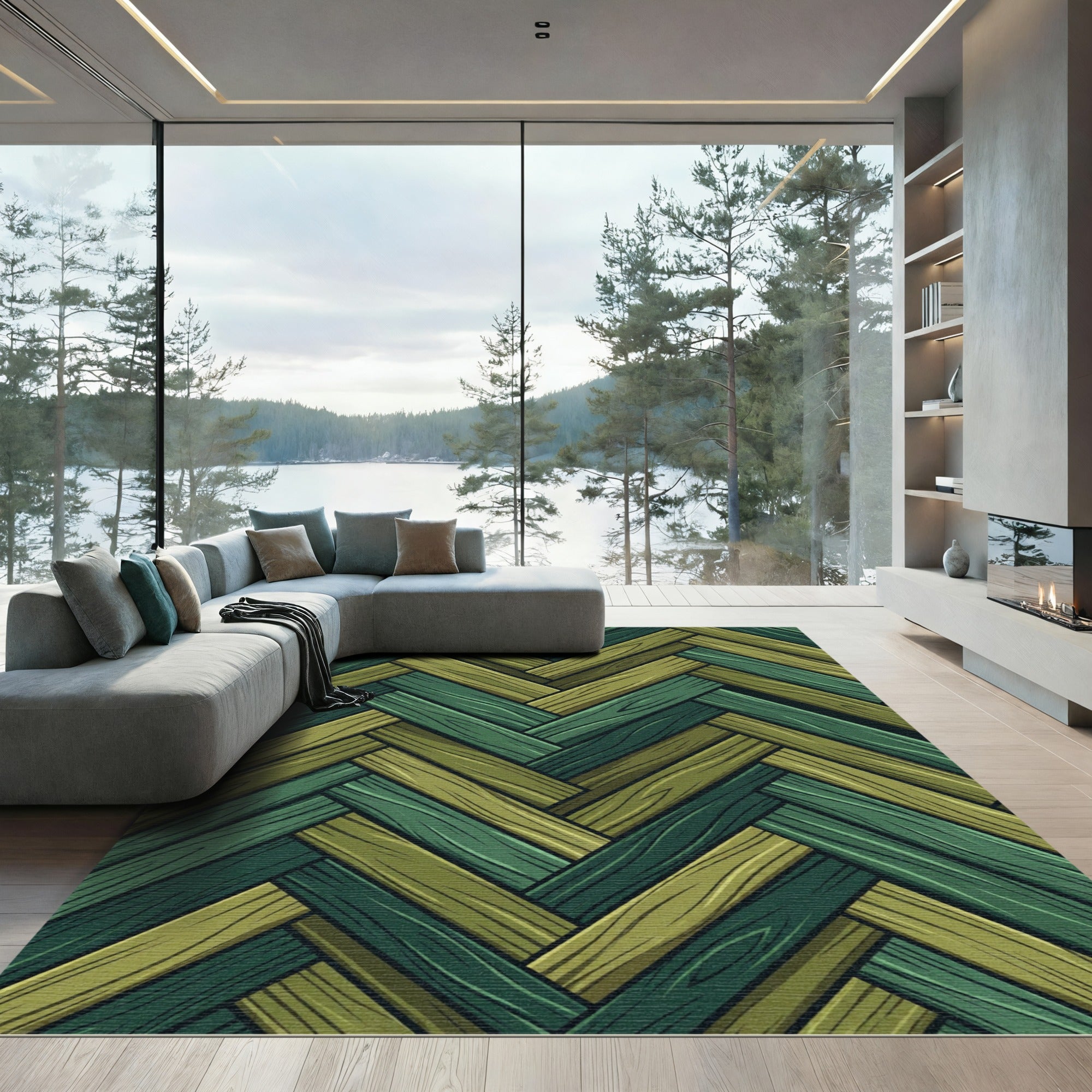 Green Wood Plank Herringbone Rug