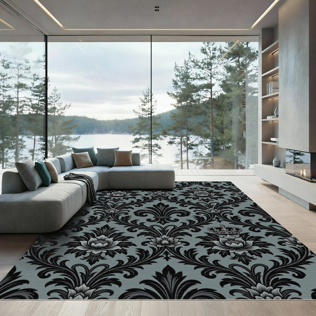 Black Damask Crown Floral Grey Rug