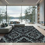 Black Damask Crown Floral Grey Rug