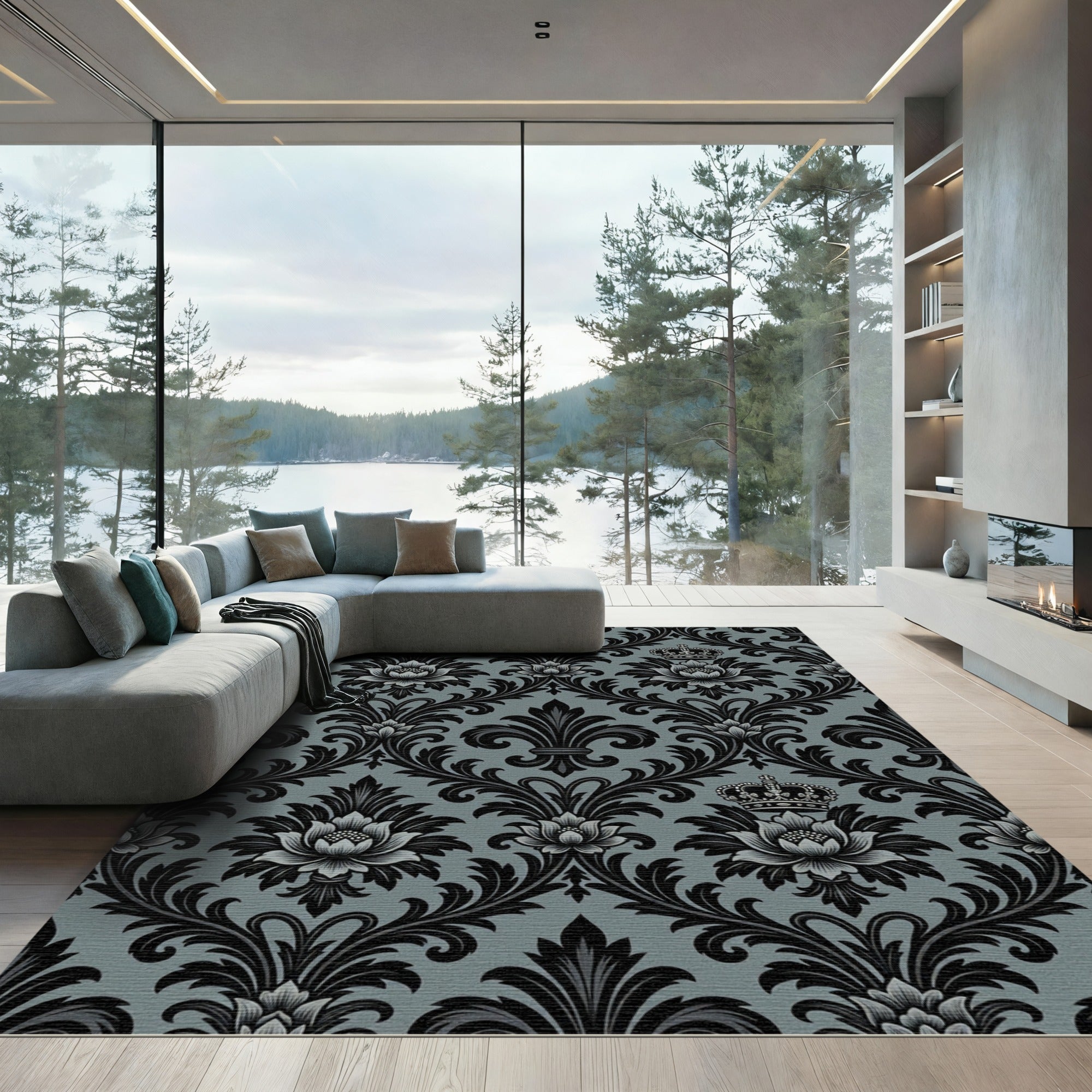 Black Damask Crown Floral Grey Rug
