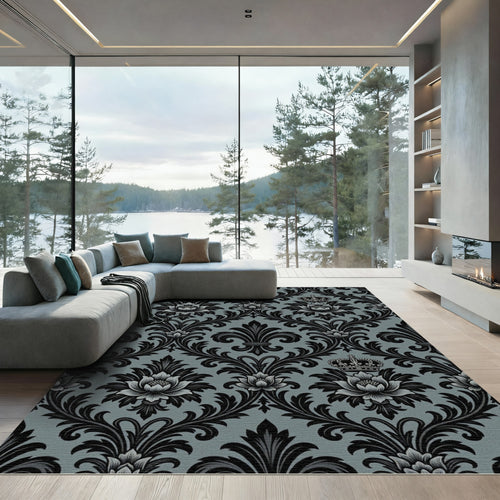 Black Damask Crown Floral Grey Rug