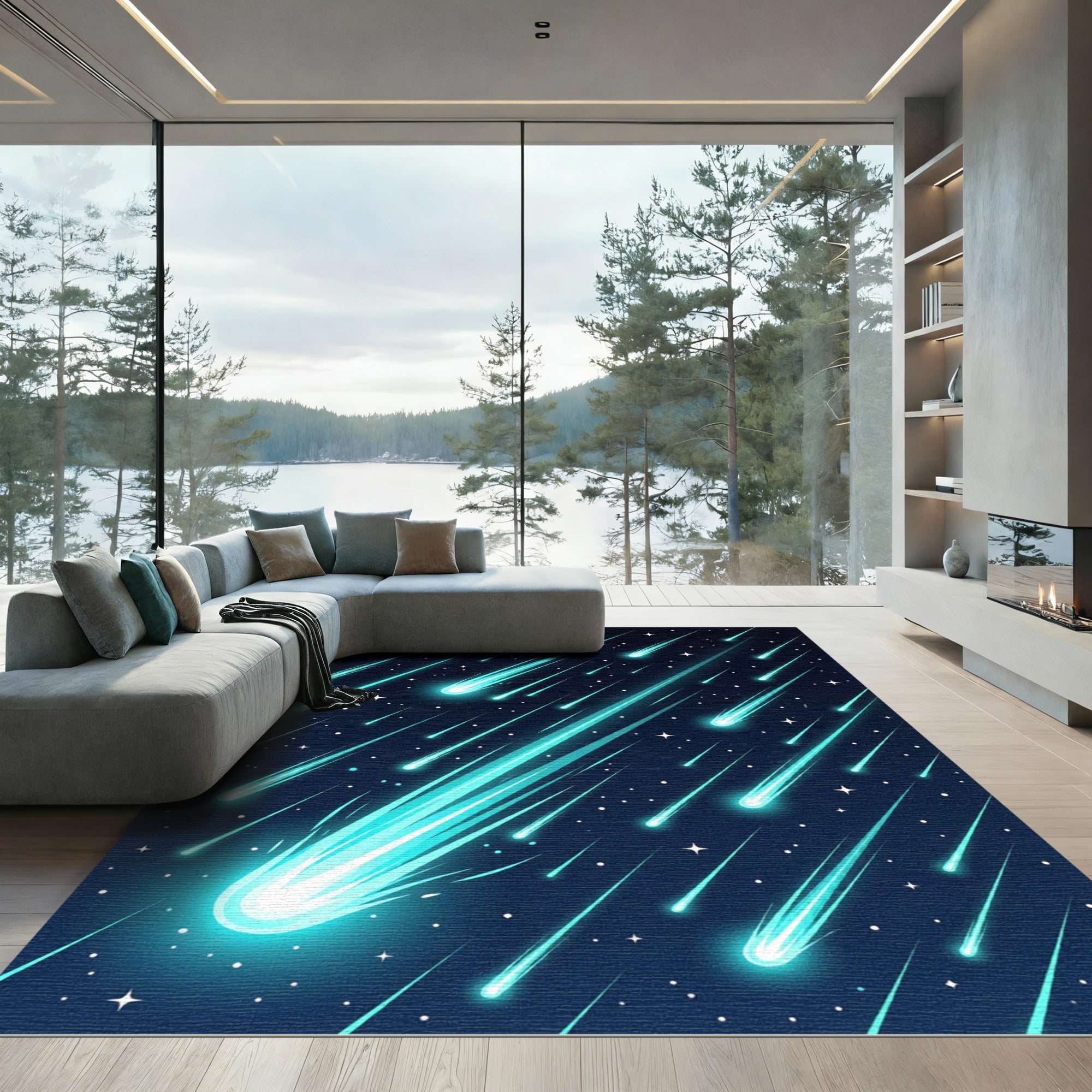 Glowing Celestial Blue Shooting Star Space Rug
