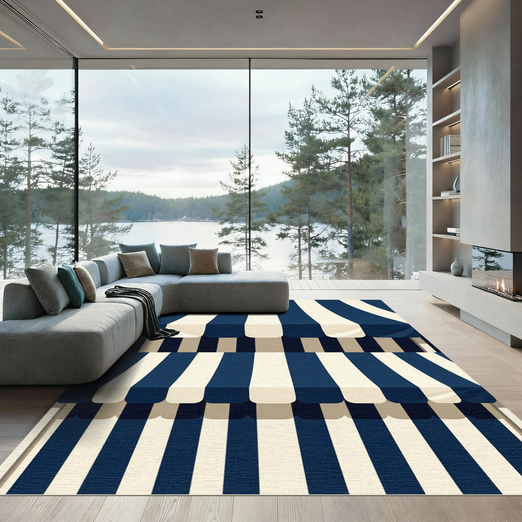 Navy and Cream Nautical Striped Accent Rug