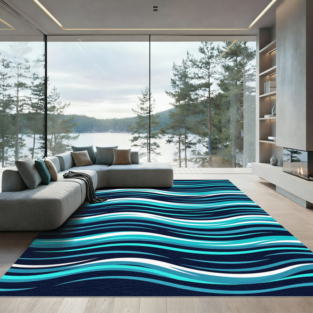 Abstract Navy Aqua Fluid Wave Rug