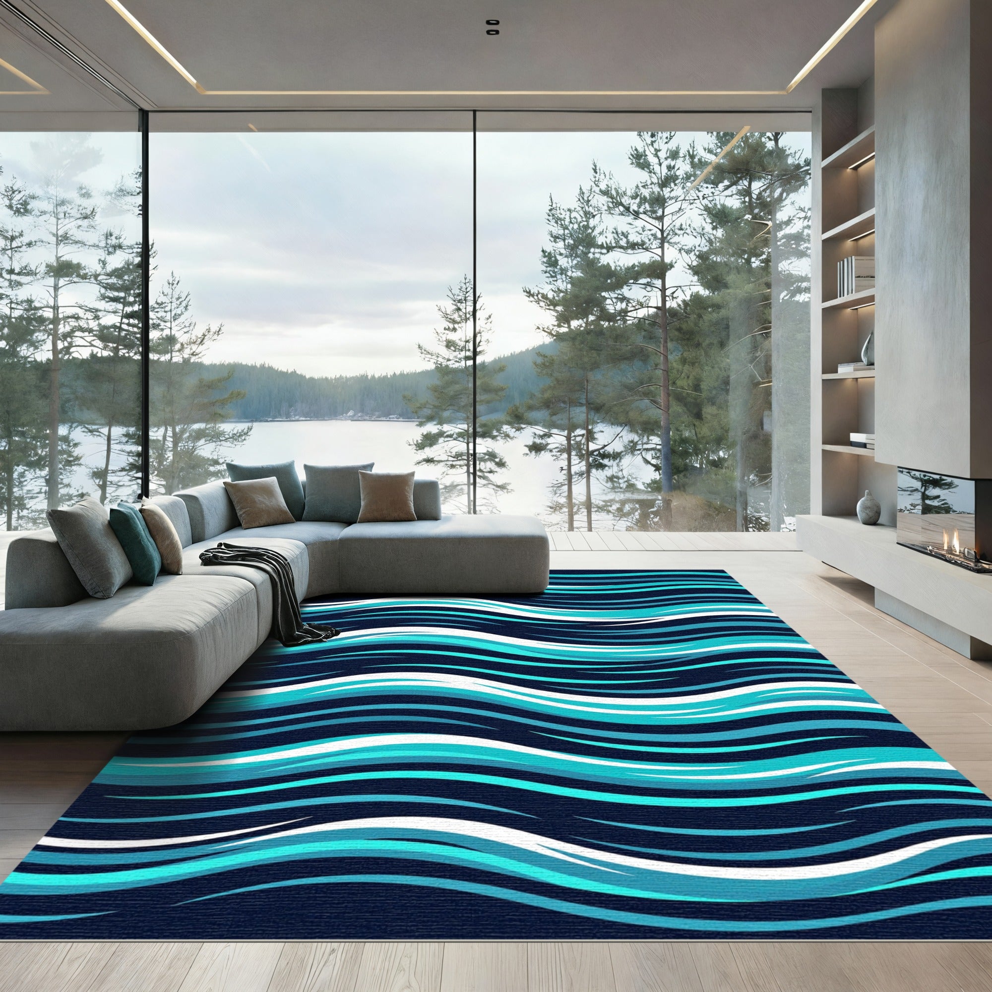 Abstract Navy Aqua Fluid Wave Rug