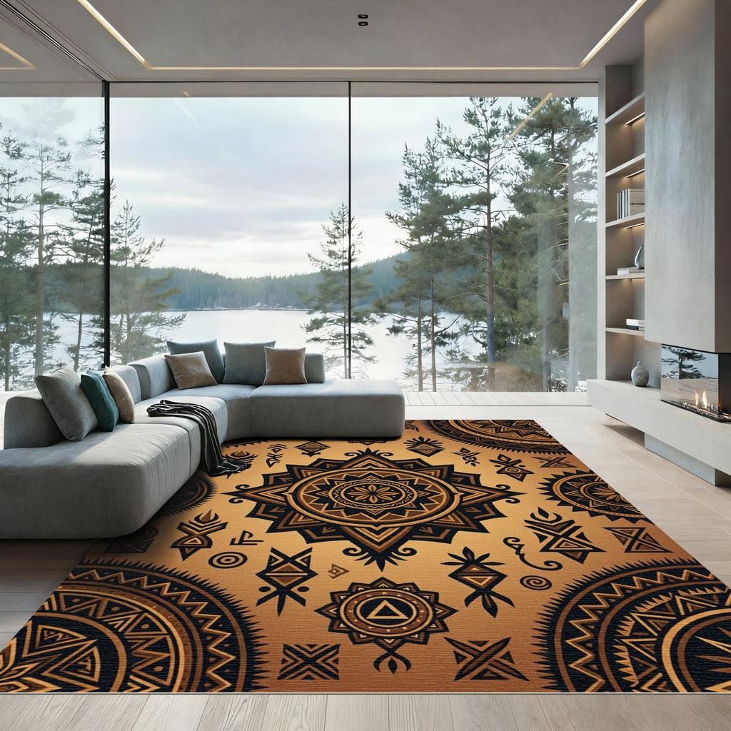 Golden Bronze Tribal Geometric Mandala Rug