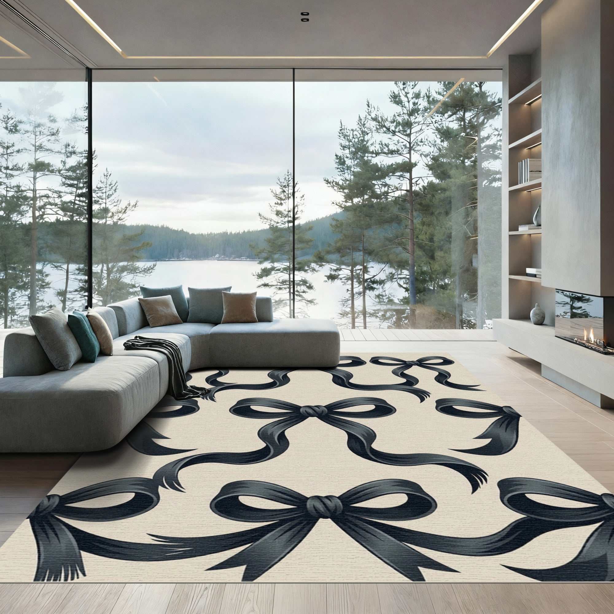 Elegant Black Ribbon Bow Wallpaper Rug