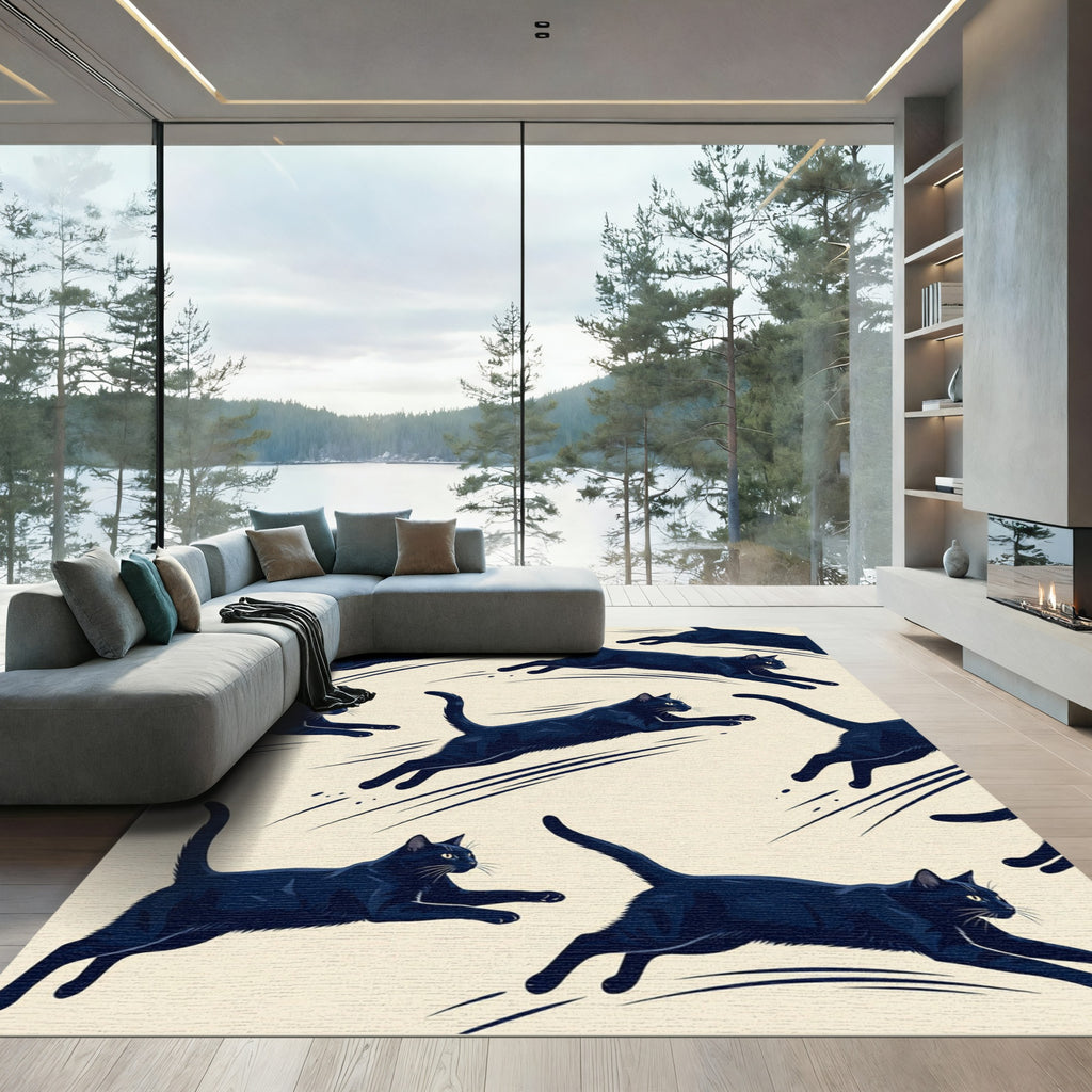 Dynamic Black Cat Shadow Leap Rug