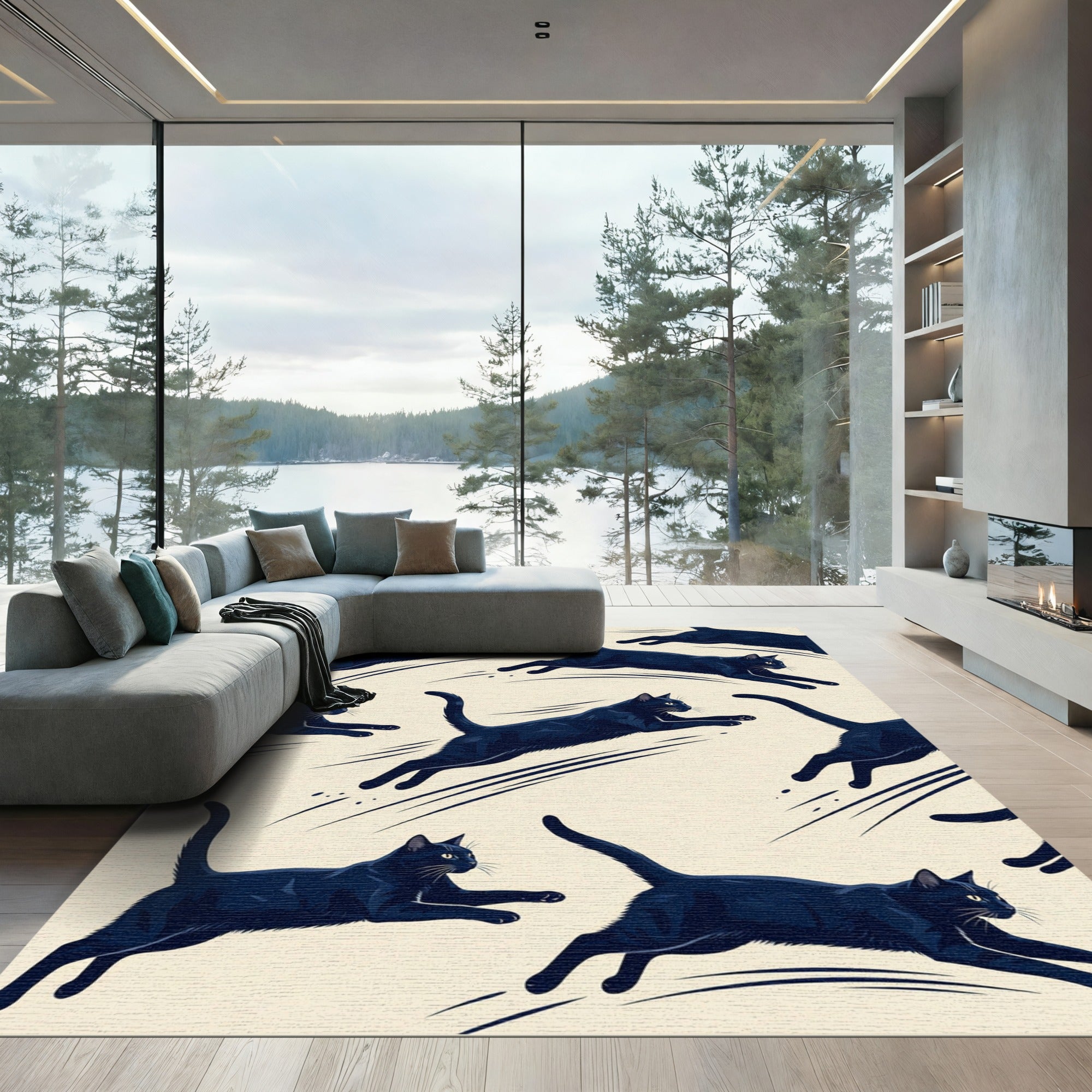 Dynamic Black Cat Shadow Leap Rug