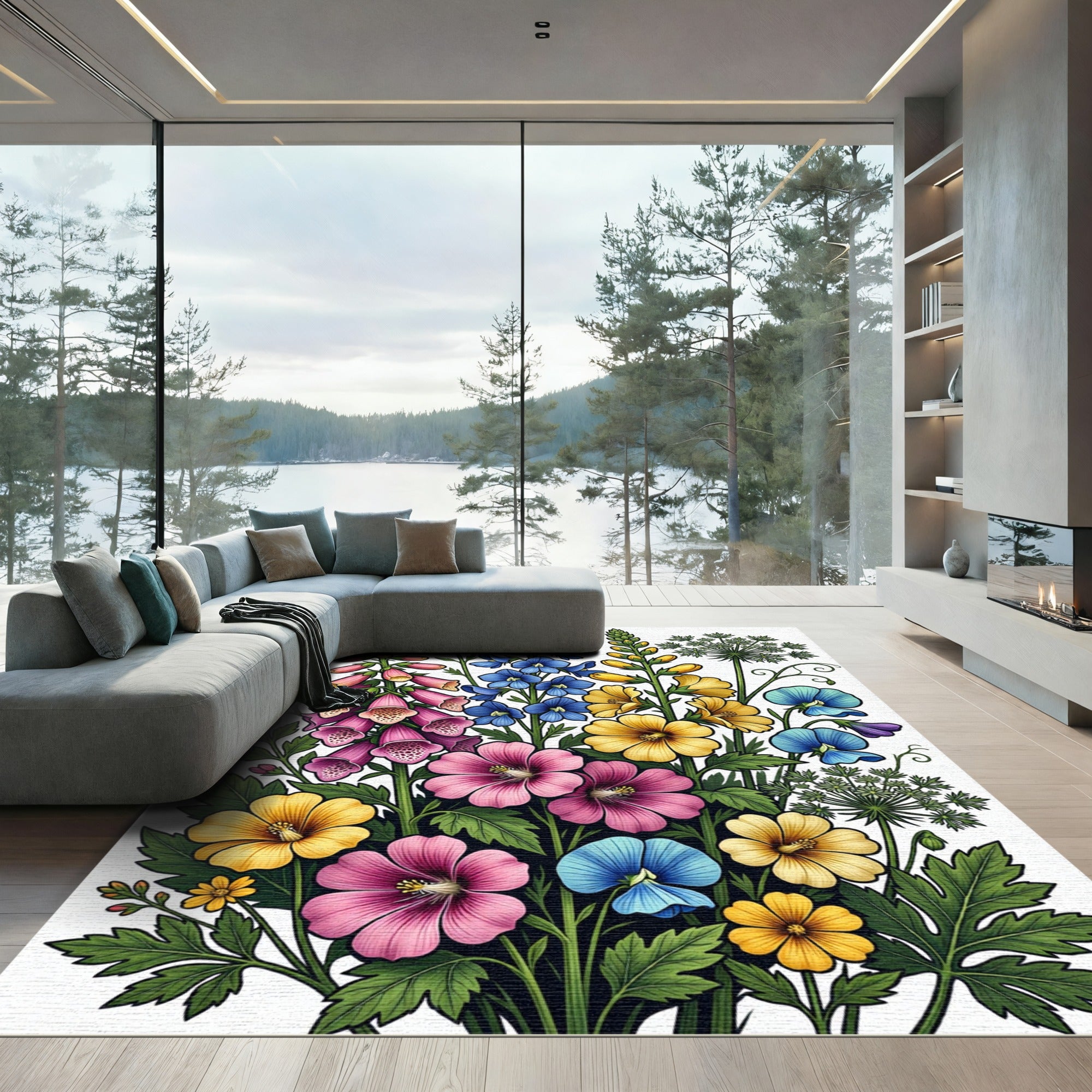 Vibrant Botanical Meadow Wildflower Garden Rug