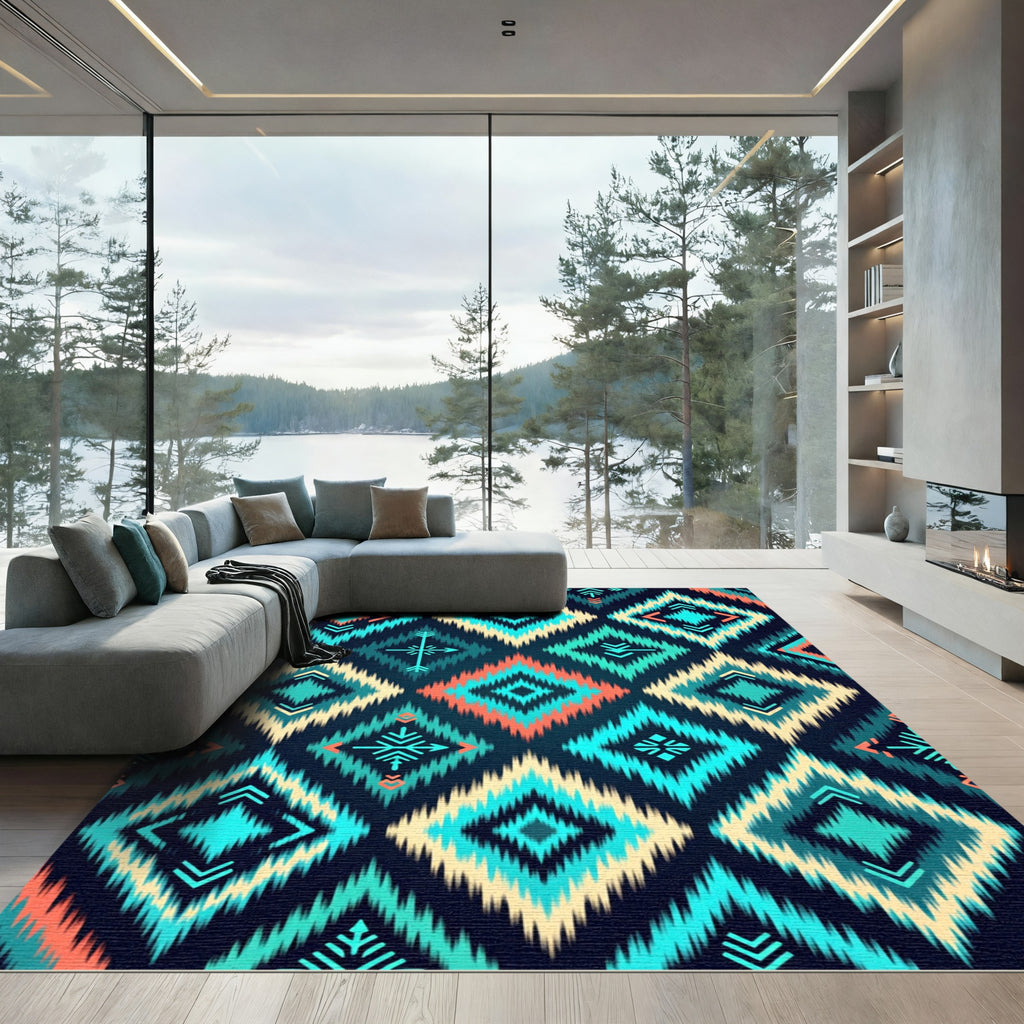Vibrant Teal Turquoise geometric Boho Diamond Rug