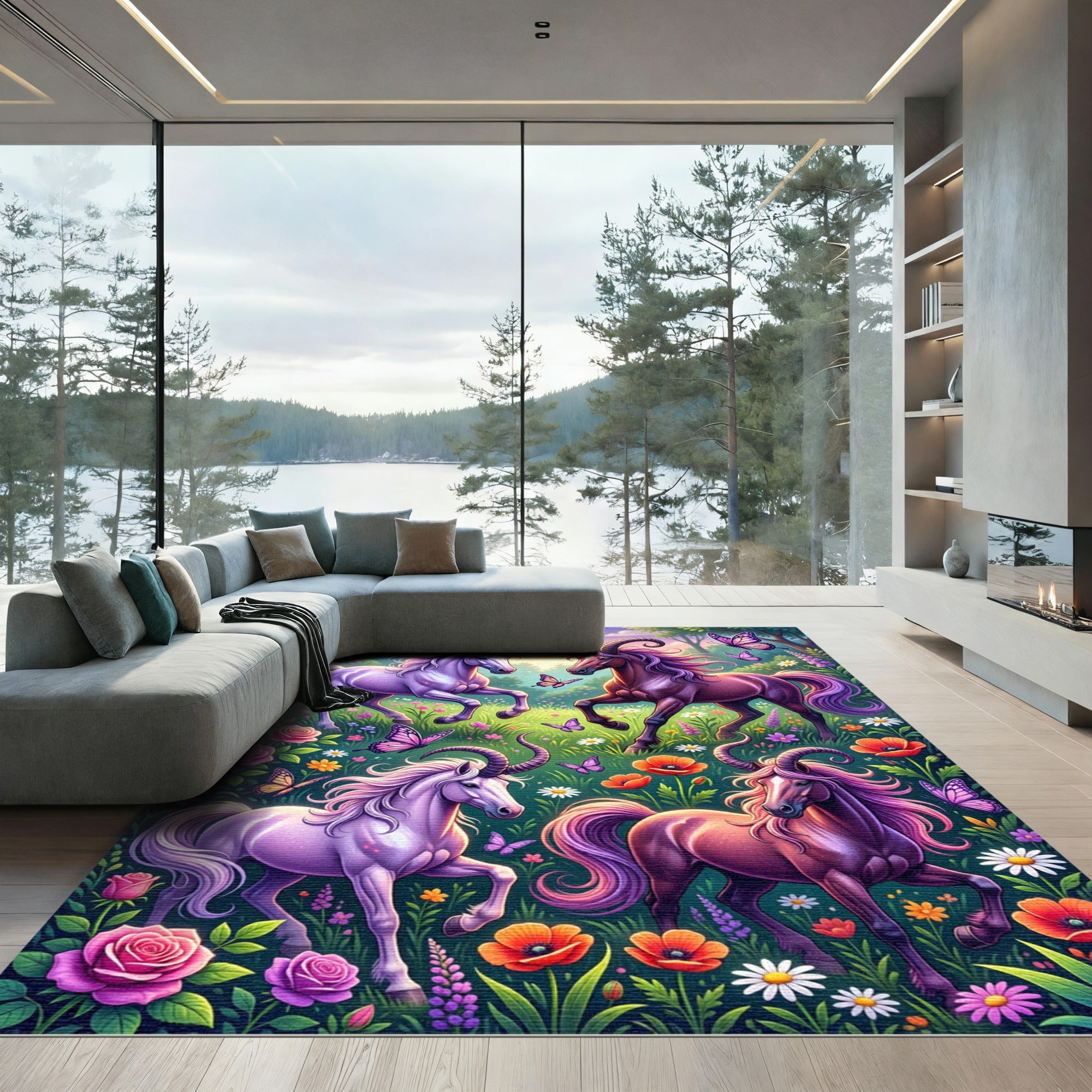 Whimsical Lavender Unicorn Garden Floral Rug