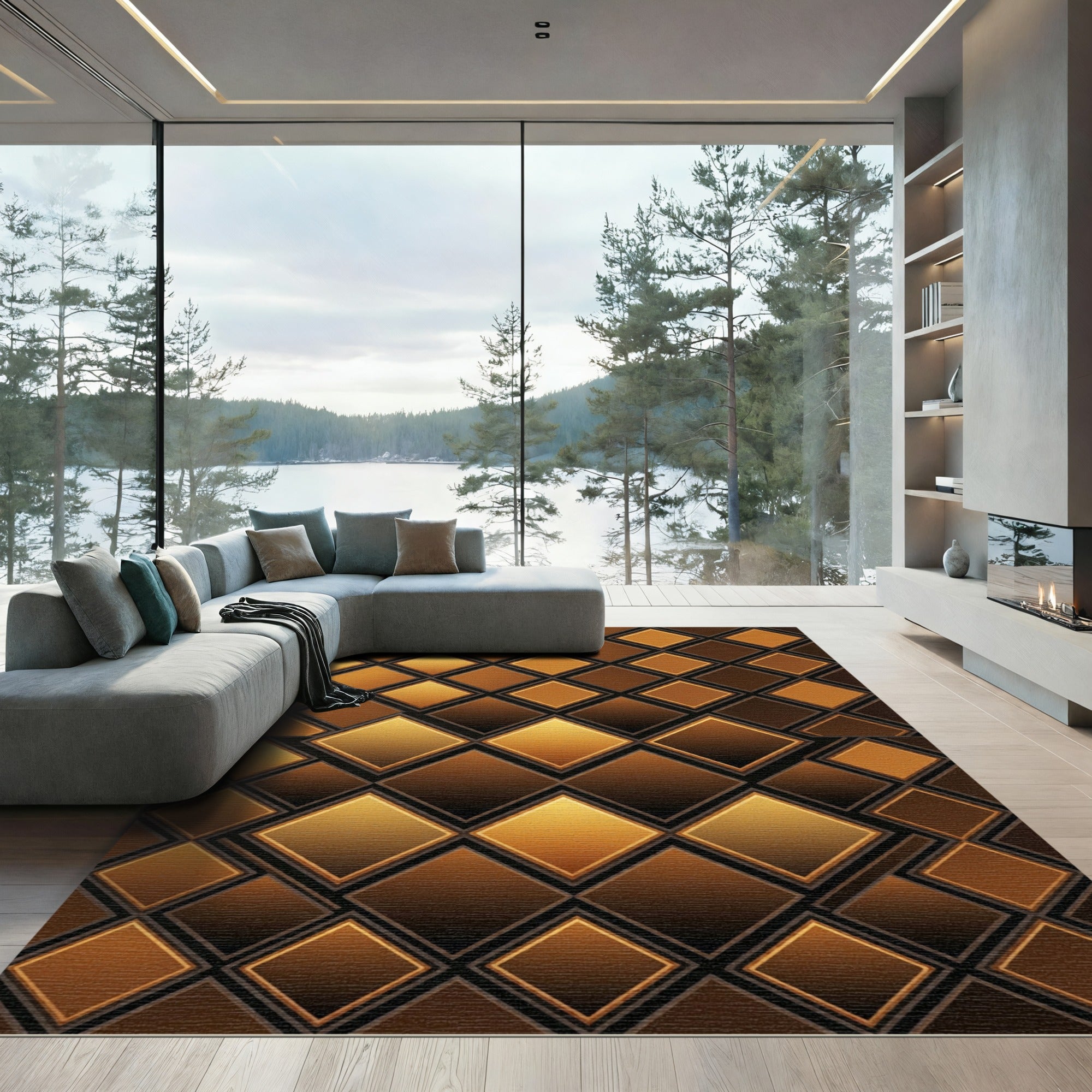 Luxe Golden Brown Geometric Diamond Grid Rug