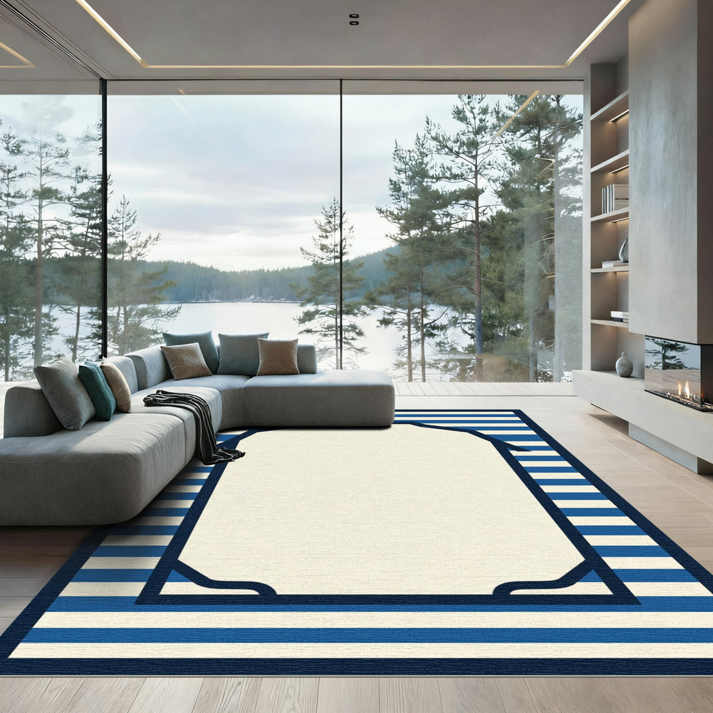Nautical Blue White Stripe Frame Rug