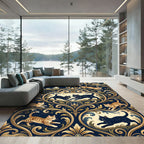 Elegant Navy Damask Cat Medallion Rug
