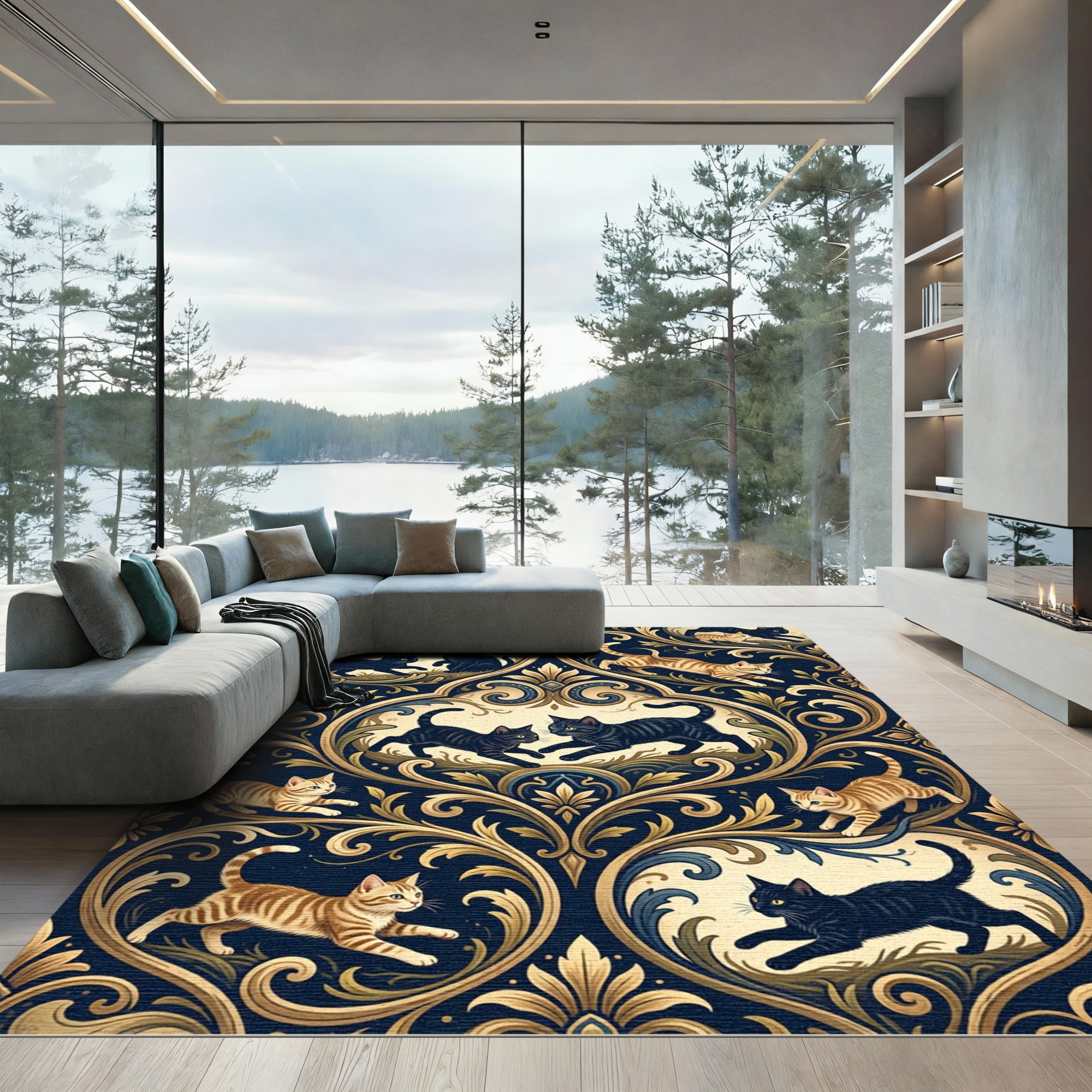 Elegant Navy Damask Cat Medallion Rug
