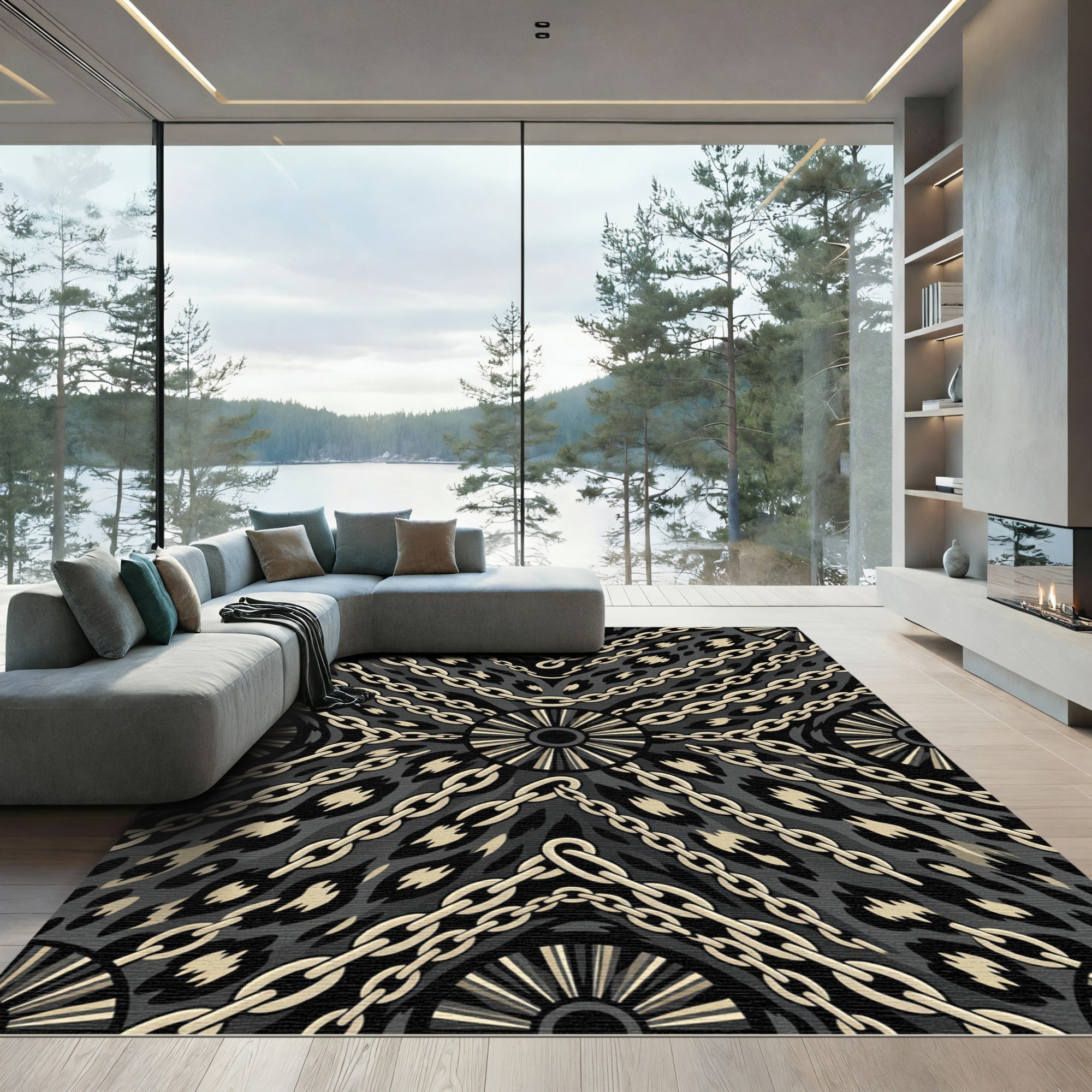 Black Gold Chain Leopard Print Rug