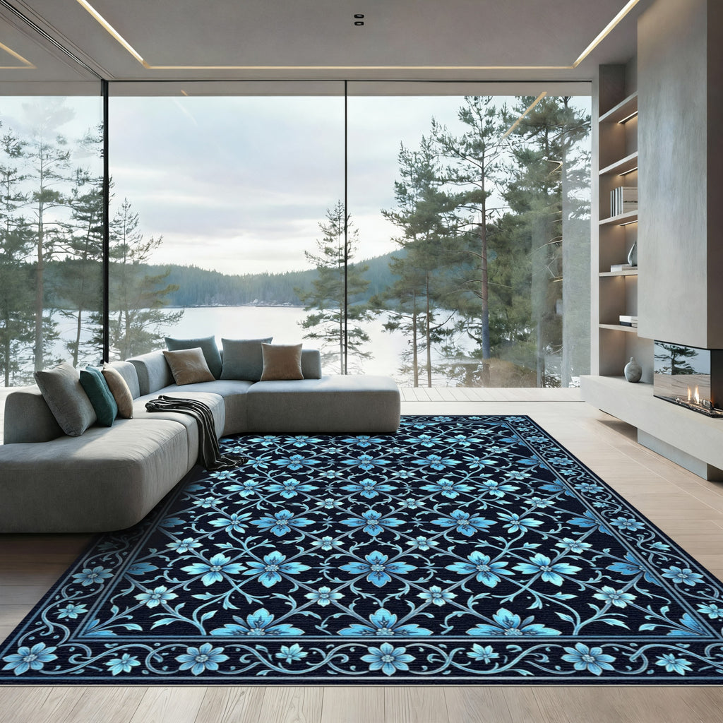 Elegant Azure Floral Lattice Grid Rug