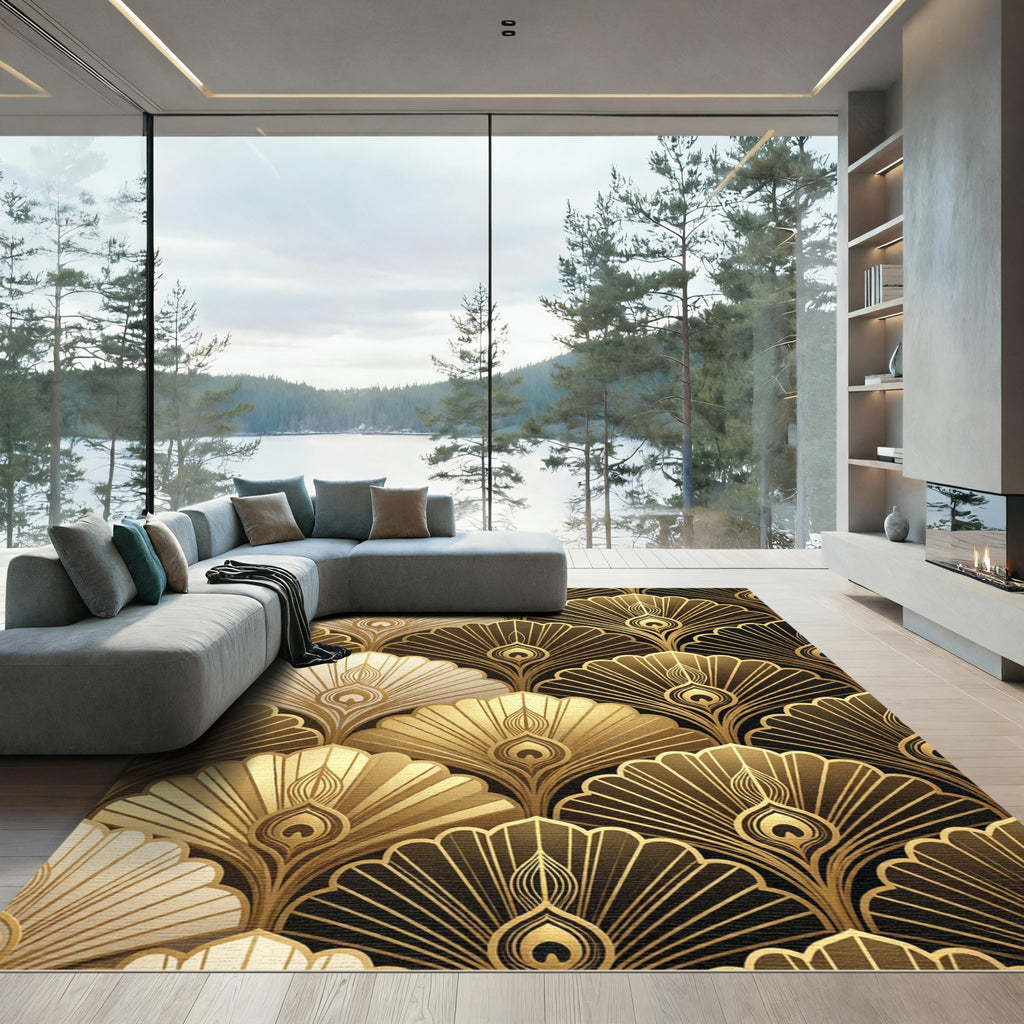 Luxurious Gold Art Deco Peacock Fan Rug