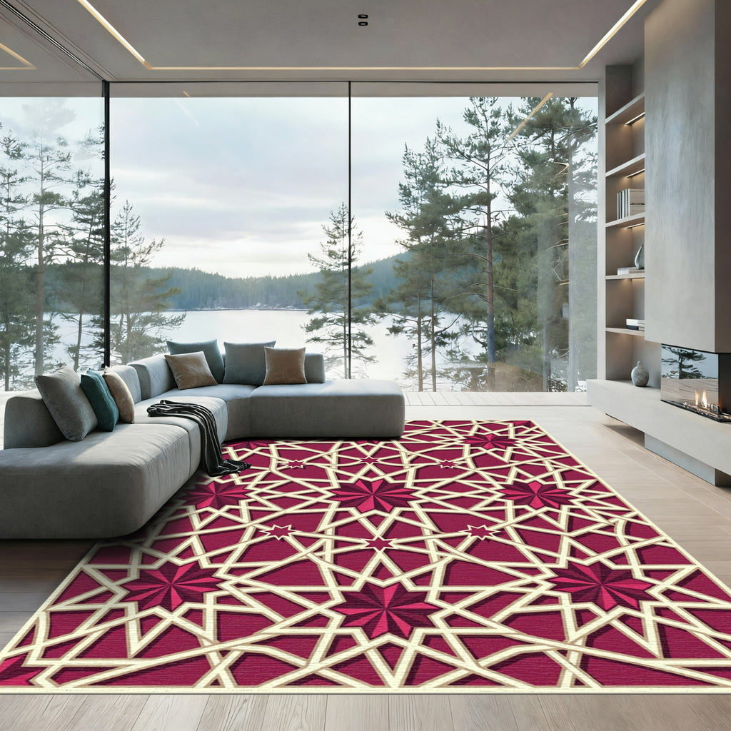 Crimson Geometric Star Interlocking Lattice Rug