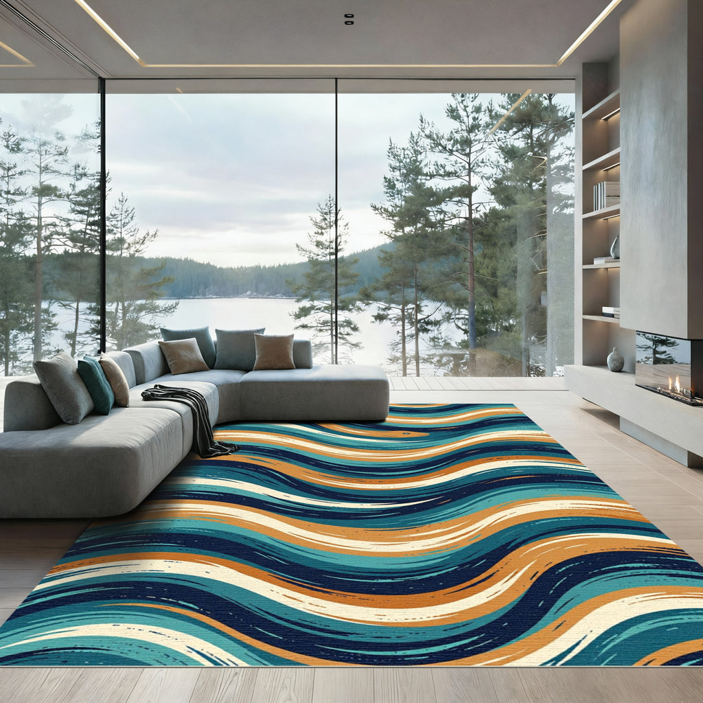 Whimsical Serpent Blue Orange Wave Rug