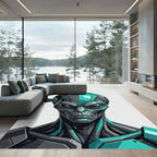 Cybernetic Teal Alien Portrait Graphic Rug