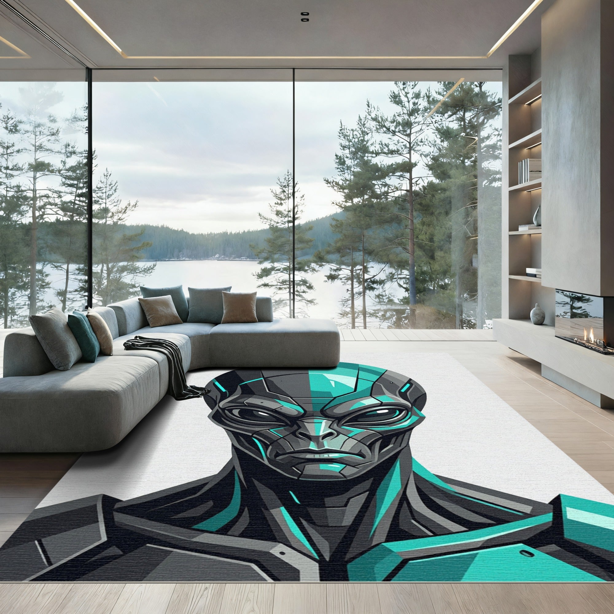 Cybernetic Teal Alien Portrait Graphic Rug