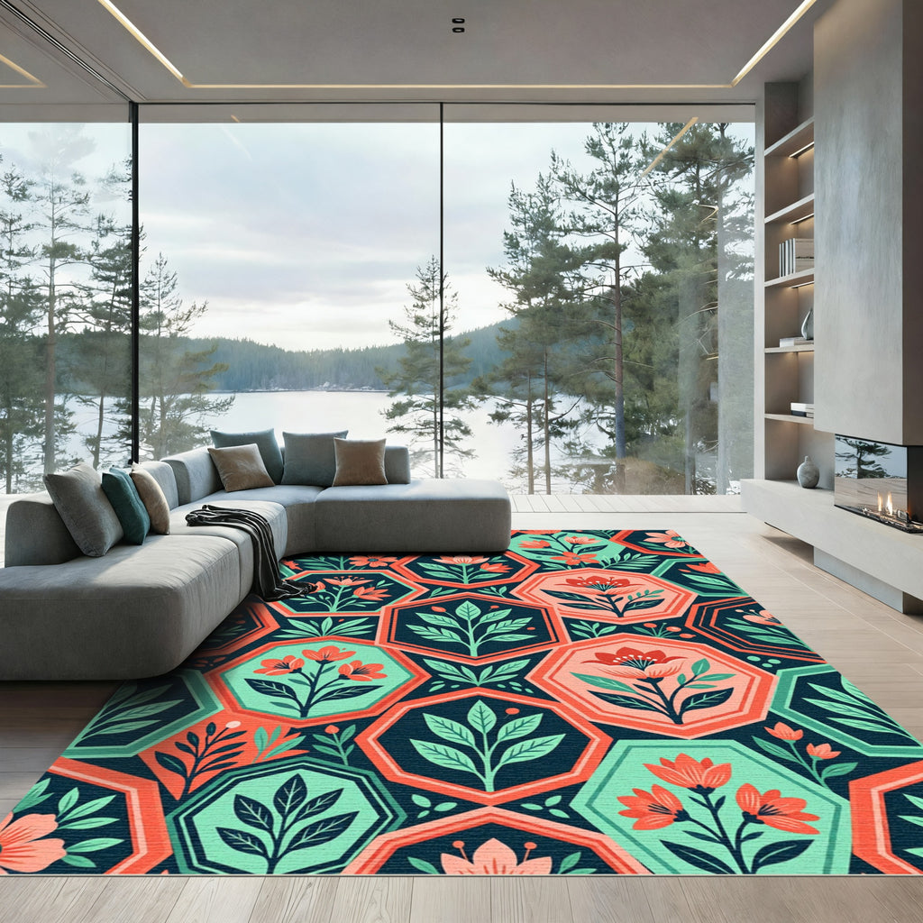 Coral Floral Hexagon Geometric Botanical Art Rug