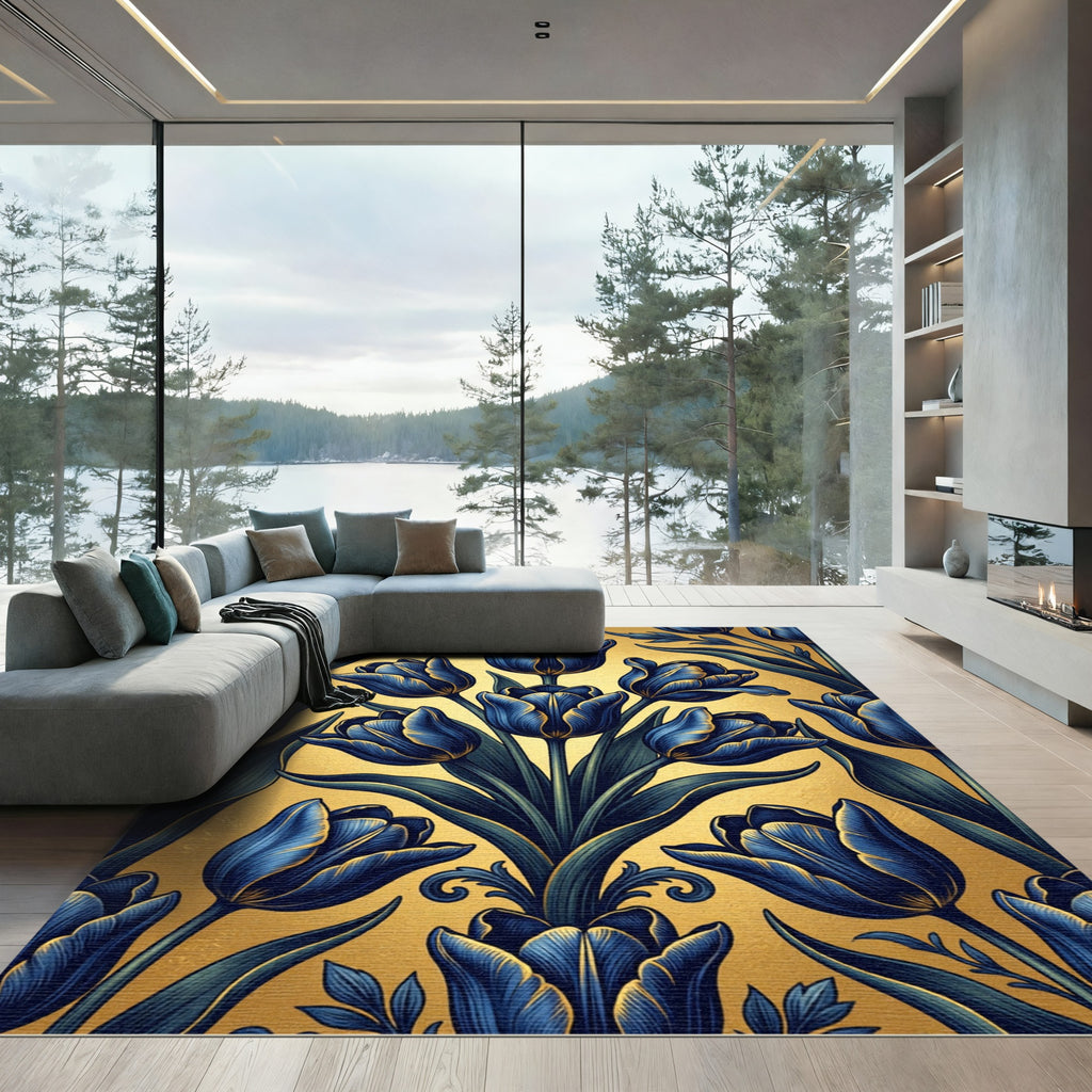 Elegant Blue Tulip Golden Botanical Arrangement Rug