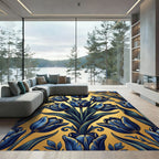 Elegant Blue Tulip Golden Botanical Arrangement Rug