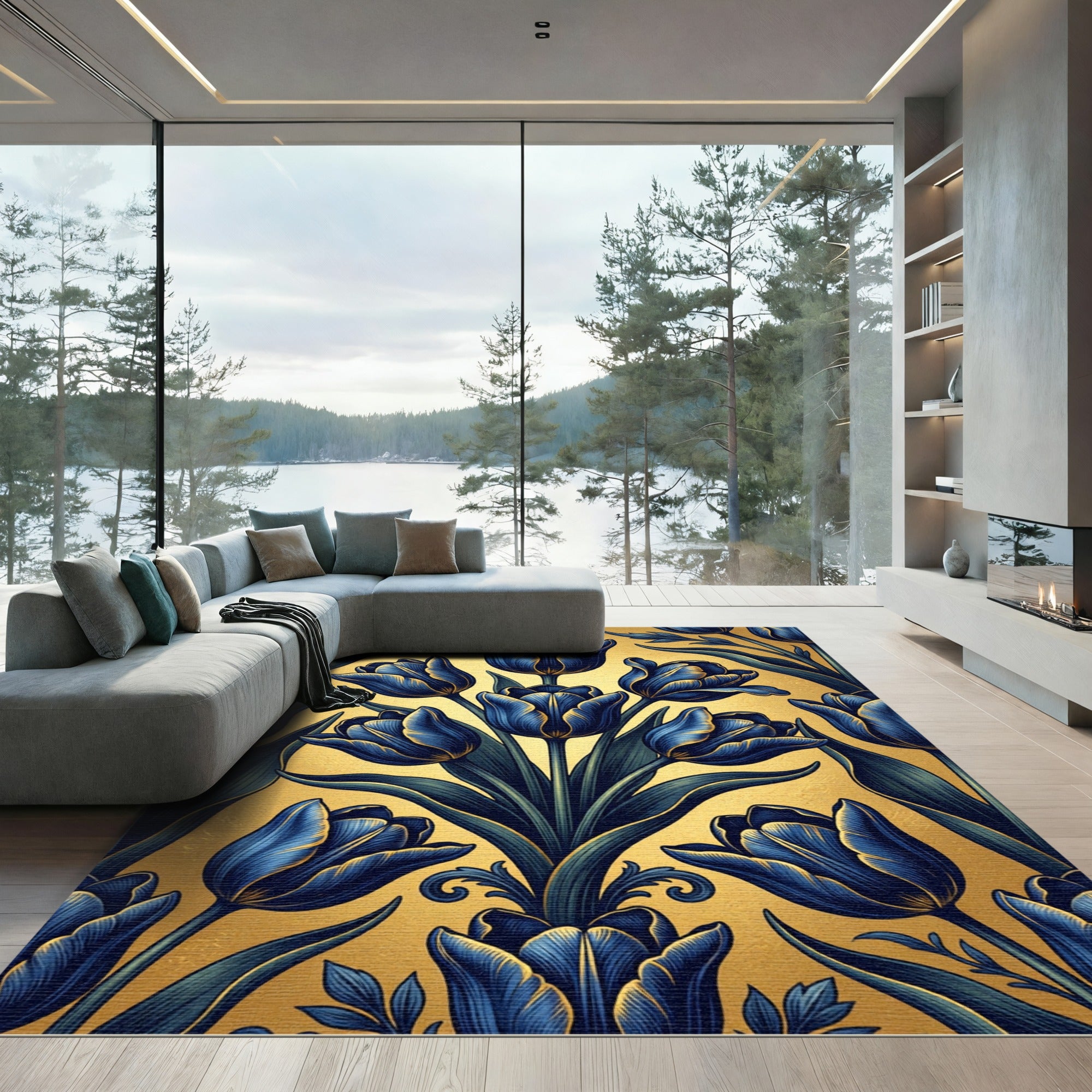 Elegant Blue Tulip Golden Botanical Arrangement Rug