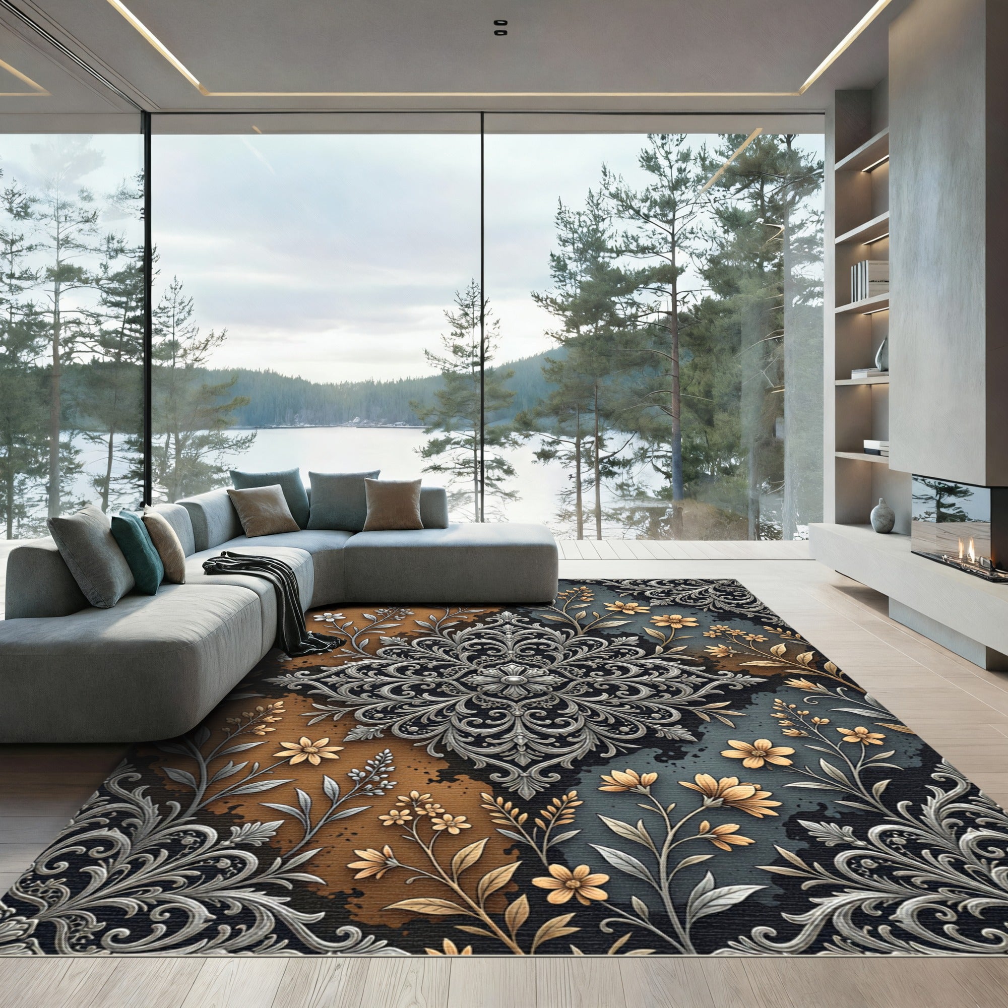 Ornate Silver Floral Medallion Ochre Gray Rug