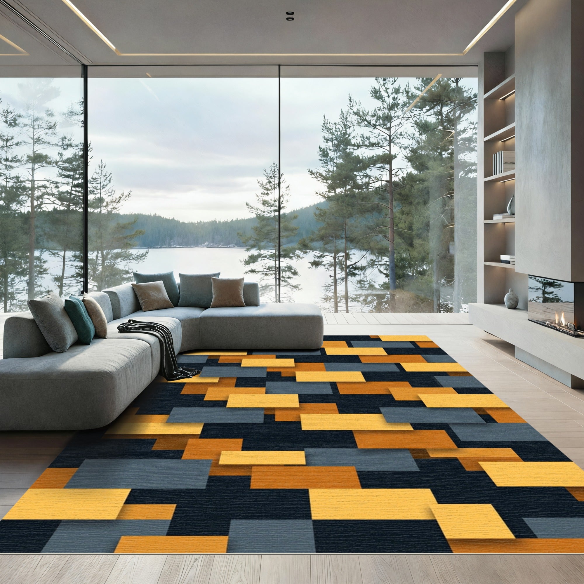 Modern Geometric Ochre and Charcoal Block Rug