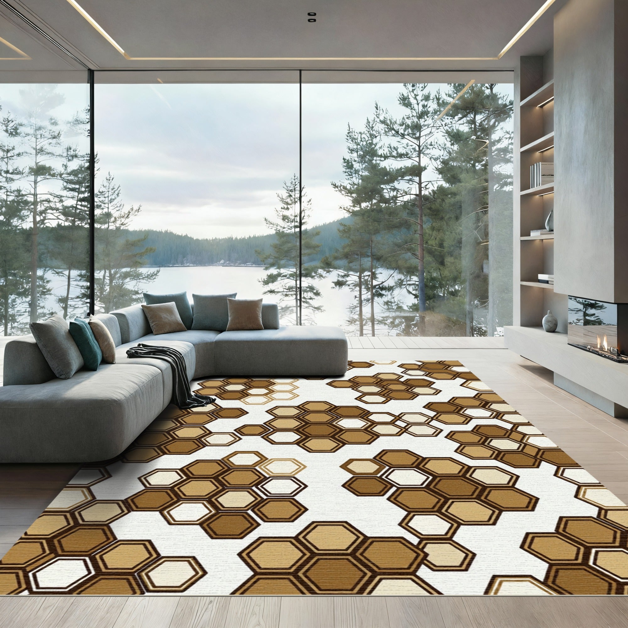 Caramel Hexagon Cluster Arrangement Rug