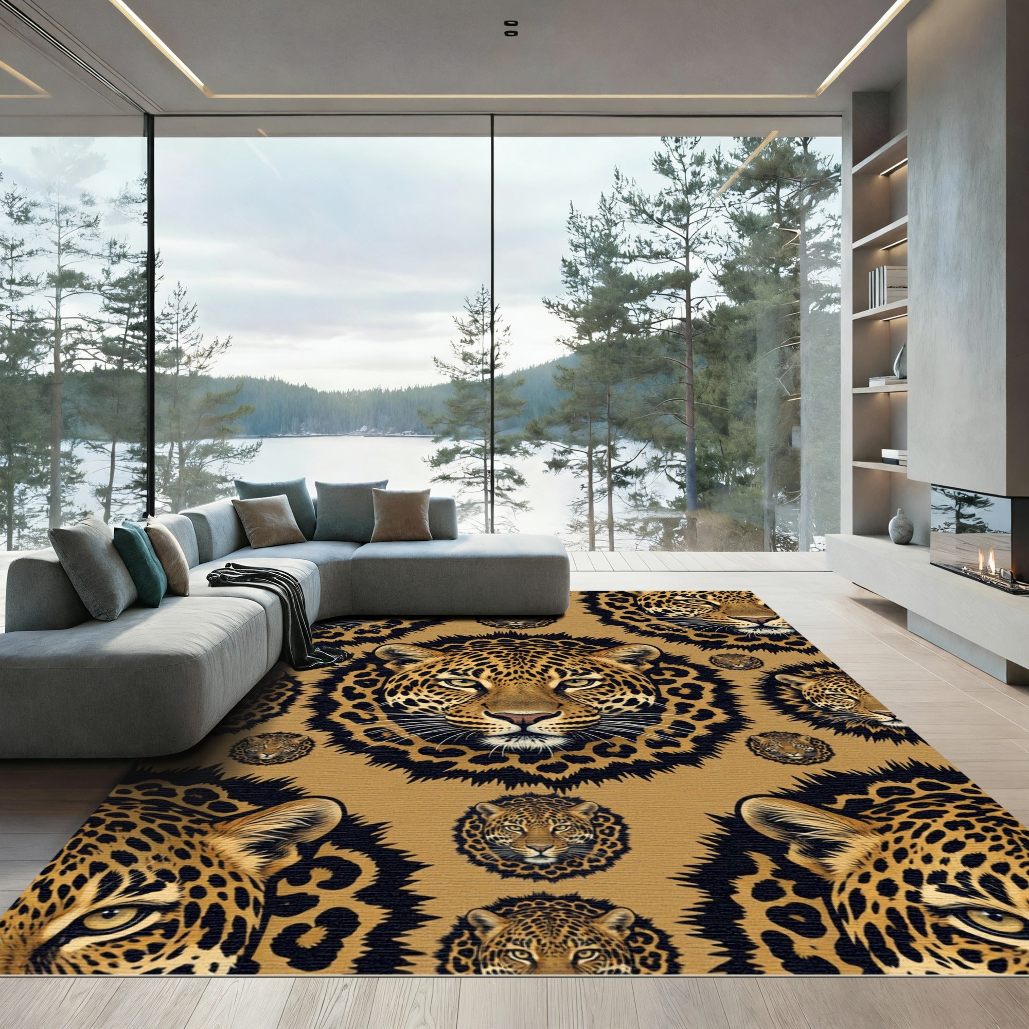 Golden Leopard Face Seamless Animal Texture Rug