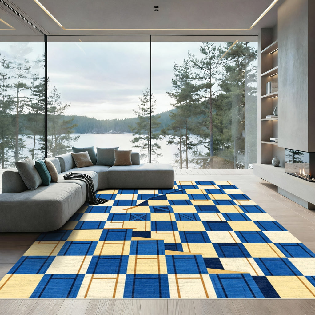 Geometric Navy and Cream Checked Abstract Rug