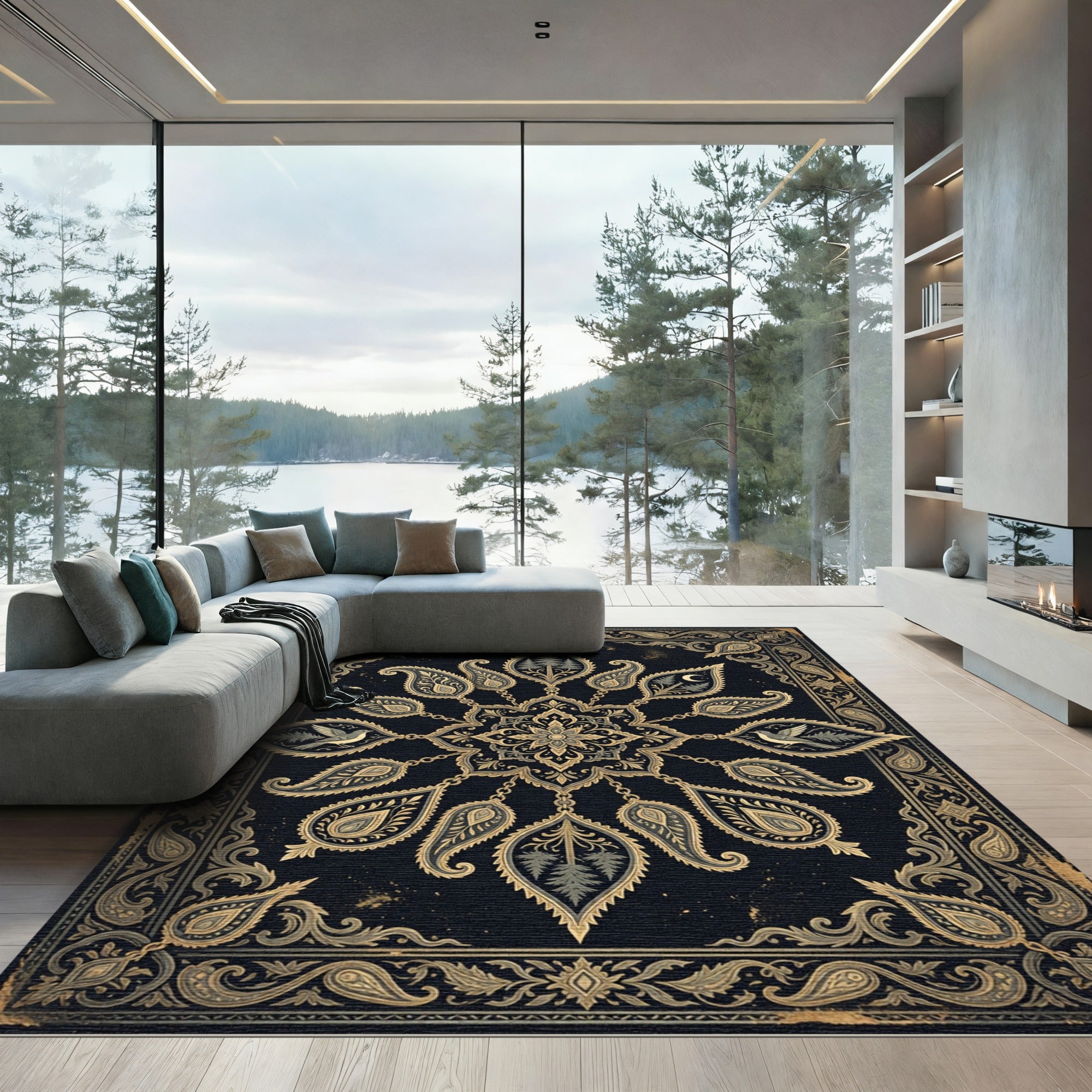 Midnight Gold Nature Paisley Medallion Rug