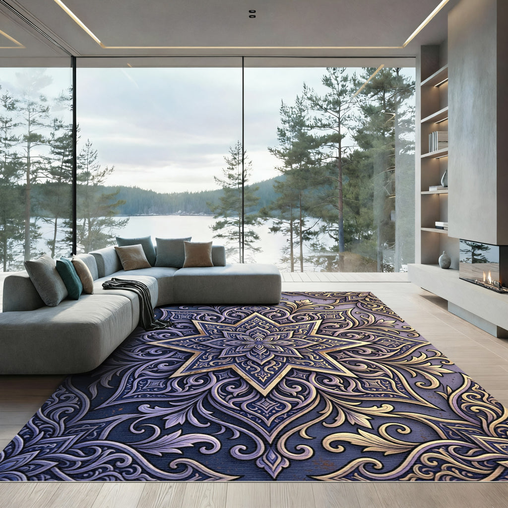 Elegant Indigo Gold Star Floral Medallion Rug