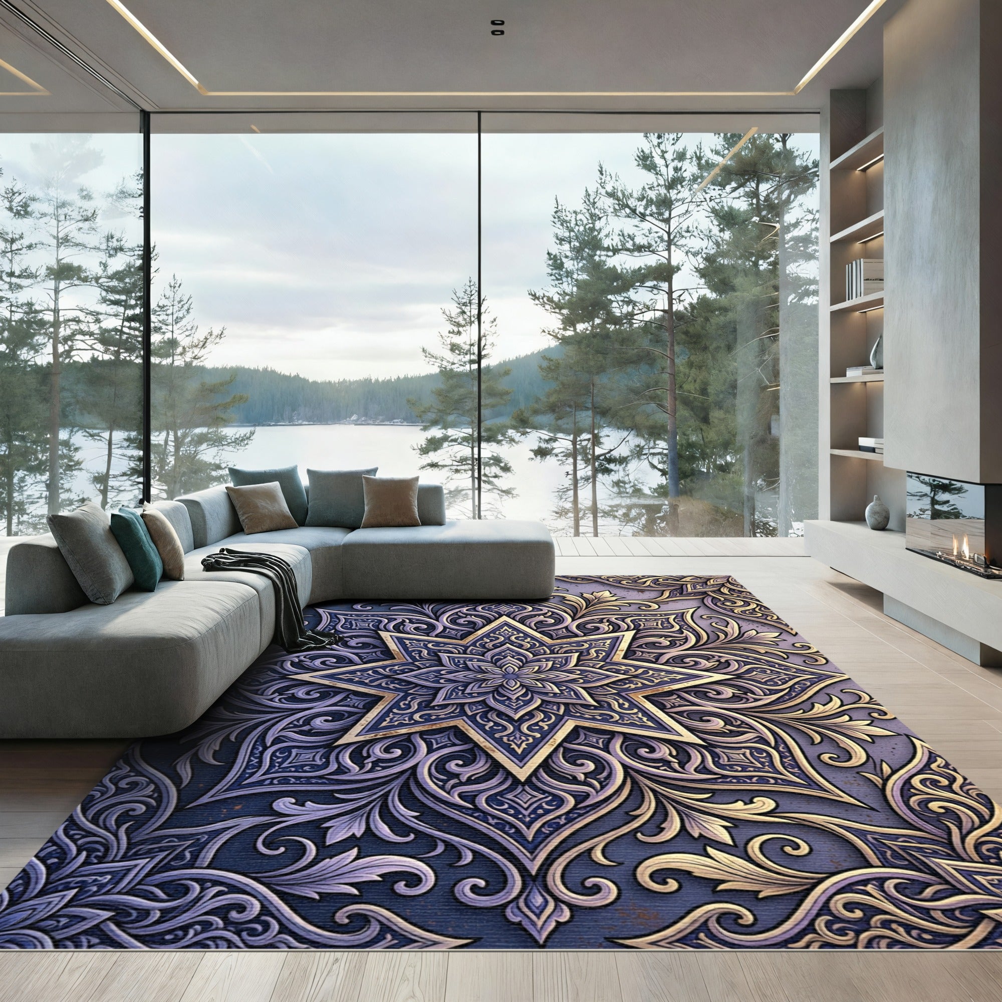 Elegant Indigo Gold Star Floral Medallion Rug