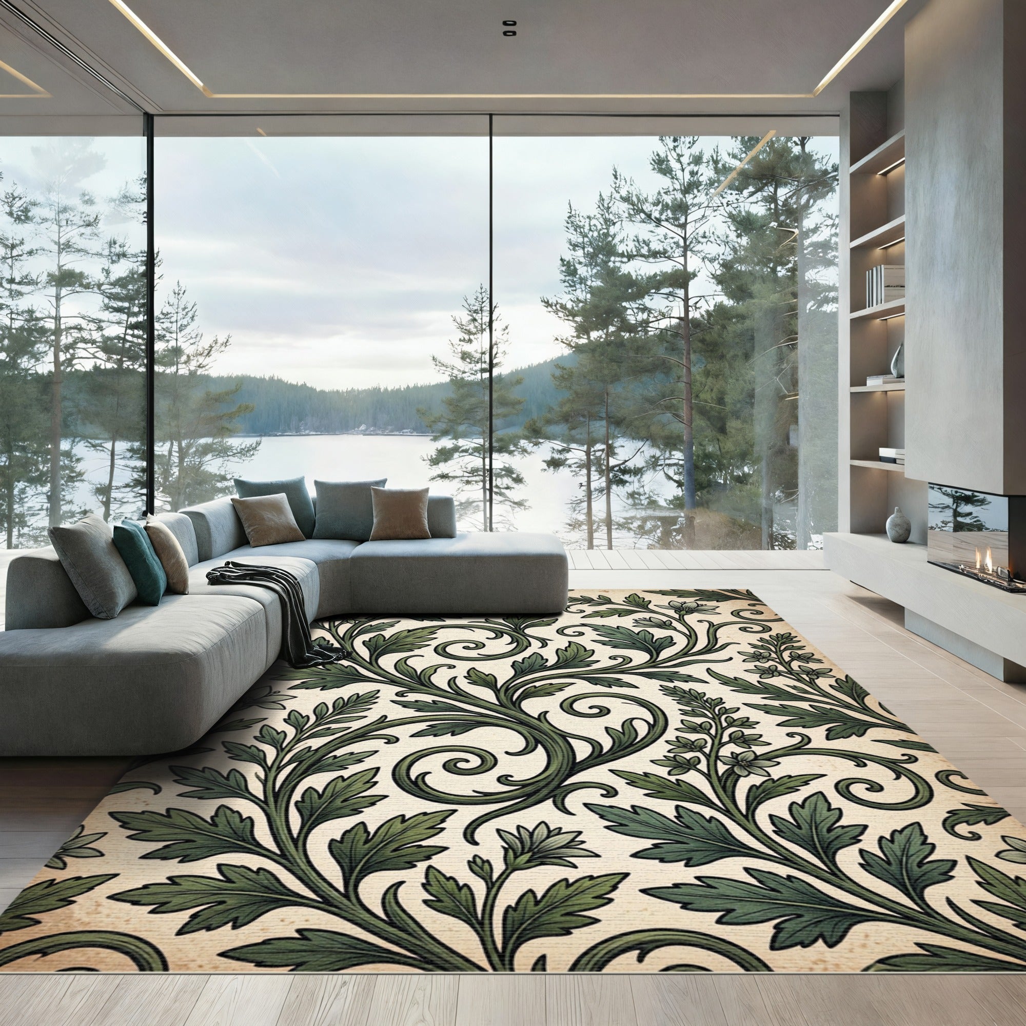 Verdant Green Foliage Scroll Art Rug