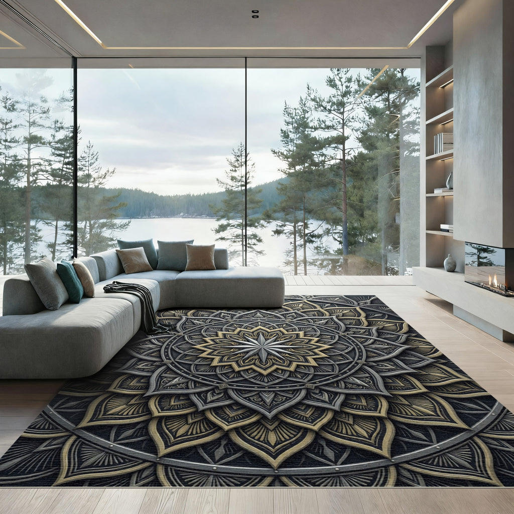 Ornate Metallic Silver and Gold Mandala Rug