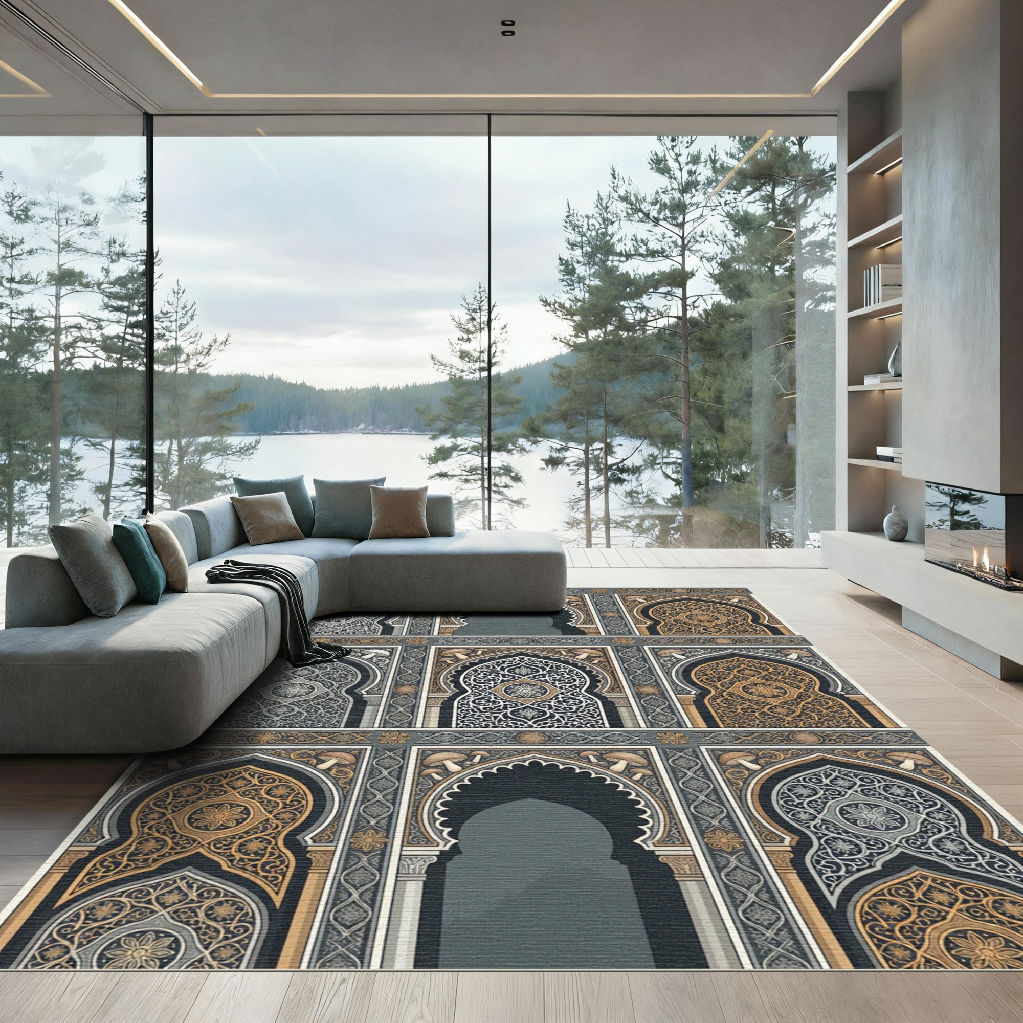 Ornate Archway Golden Mushroom Arabesque Rug