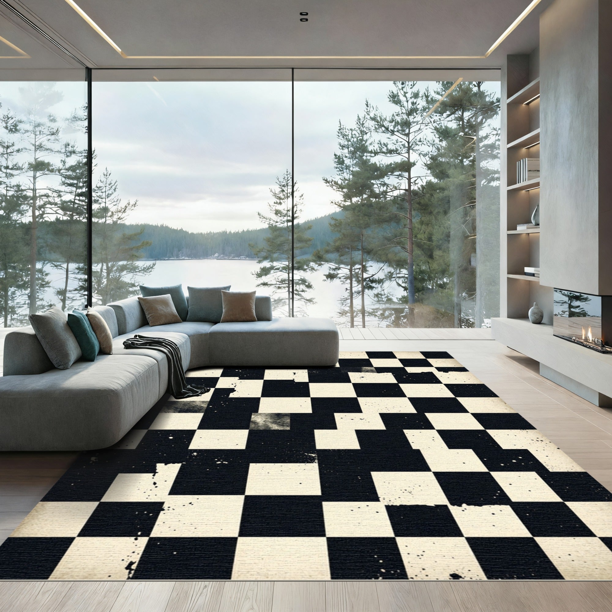 Distressed Monochrome Checkered Grid Rug