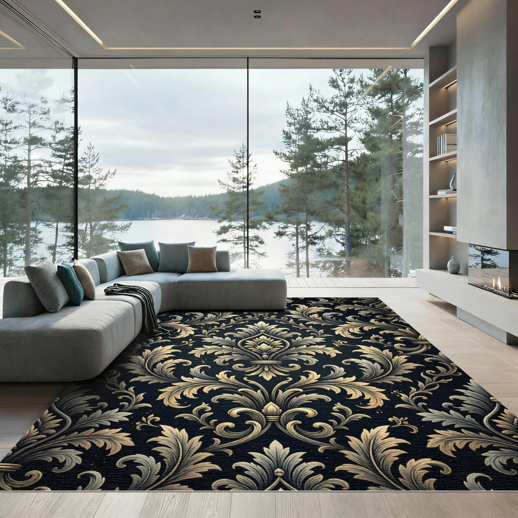 Elegant Gold Damask Charcoal Swirl Rug