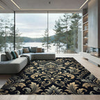 Elegant Gold Damask Charcoal Swirl Rug