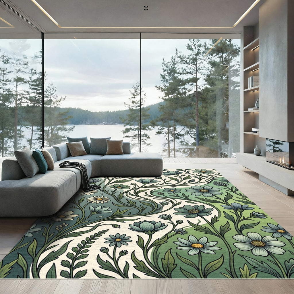 Ethereal Green Wildflower Botanical Meadow Rug