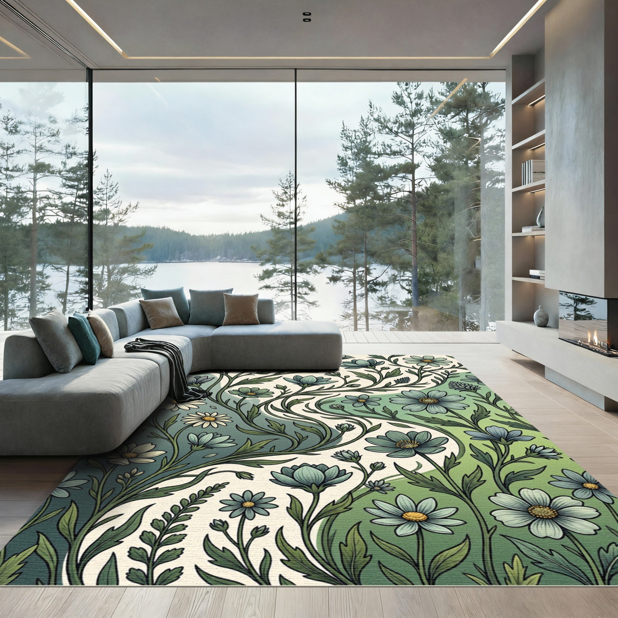 Ethereal Green Wildflower Botanical Meadow Rug