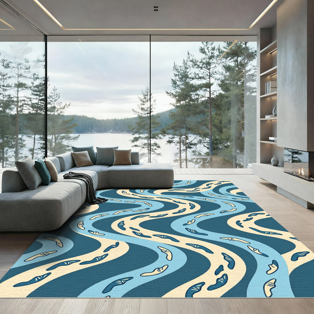 Abstract Navy and Cream Wave Boomerang Rug