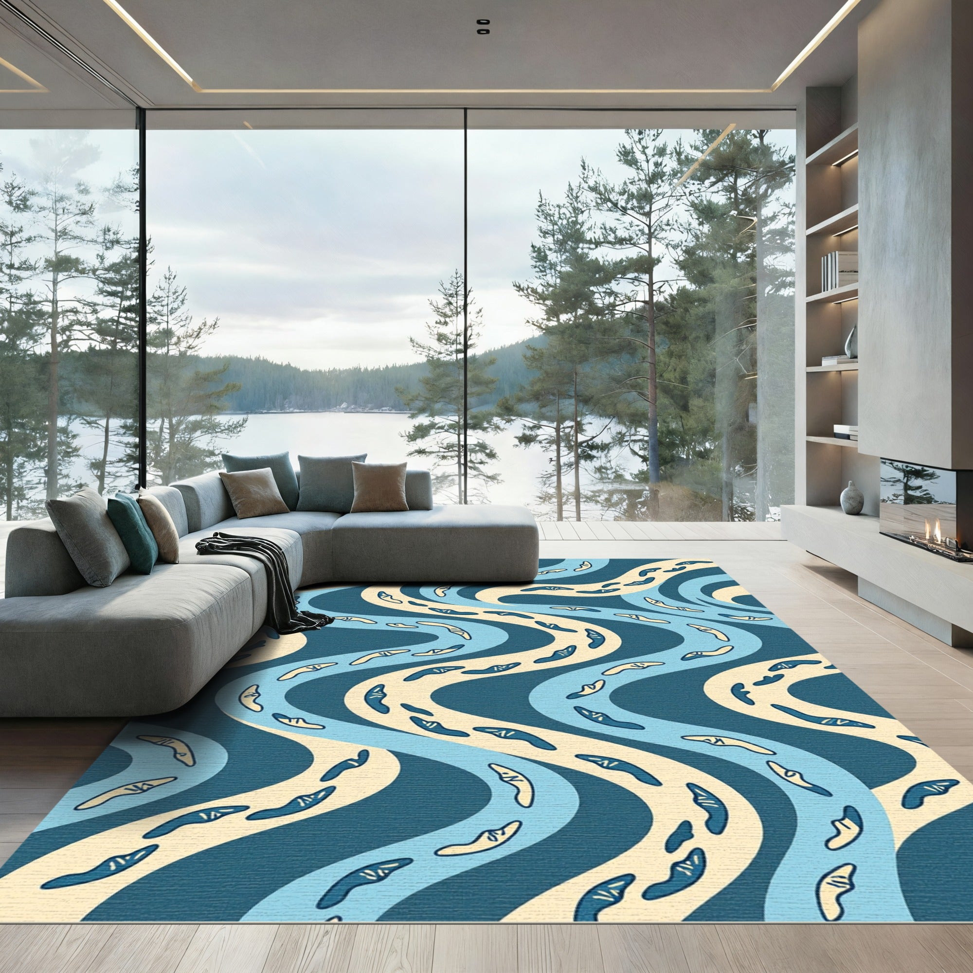 Abstract Navy and Cream Wave Boomerang Rug